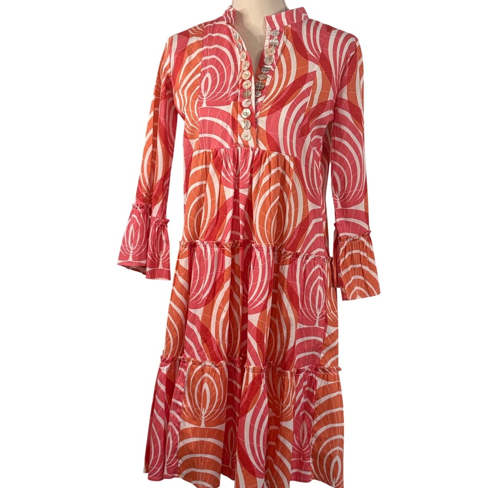 Sheridan French Pink Orange Geometric Tiered Dress Pearl Buttons Palm Beach S